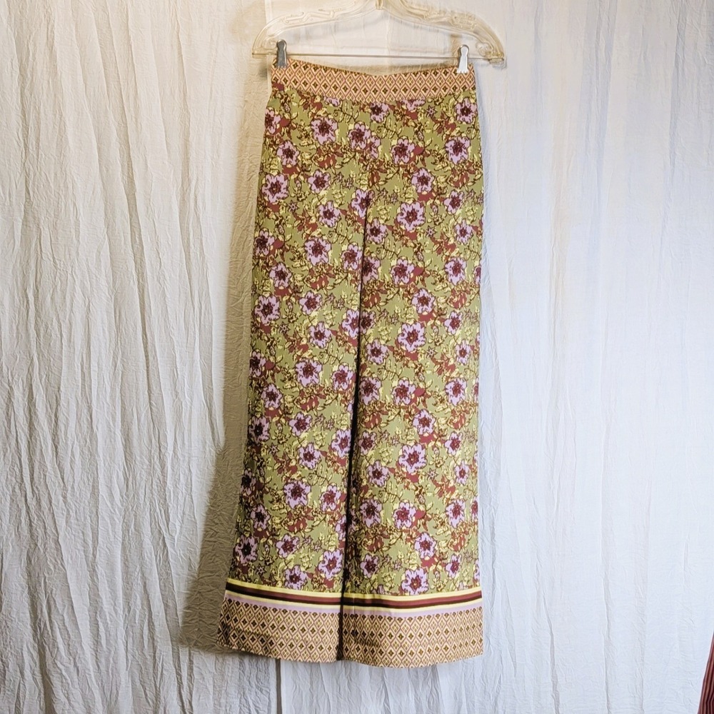 Cupcakes and Cashmere Olive Green & Dusty Rose Floral Wide-Leg Pants XS